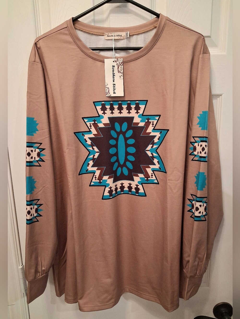 Southwestern Geo Print Long Sleeve Top - Taupe & Turquoise Sz 3XL